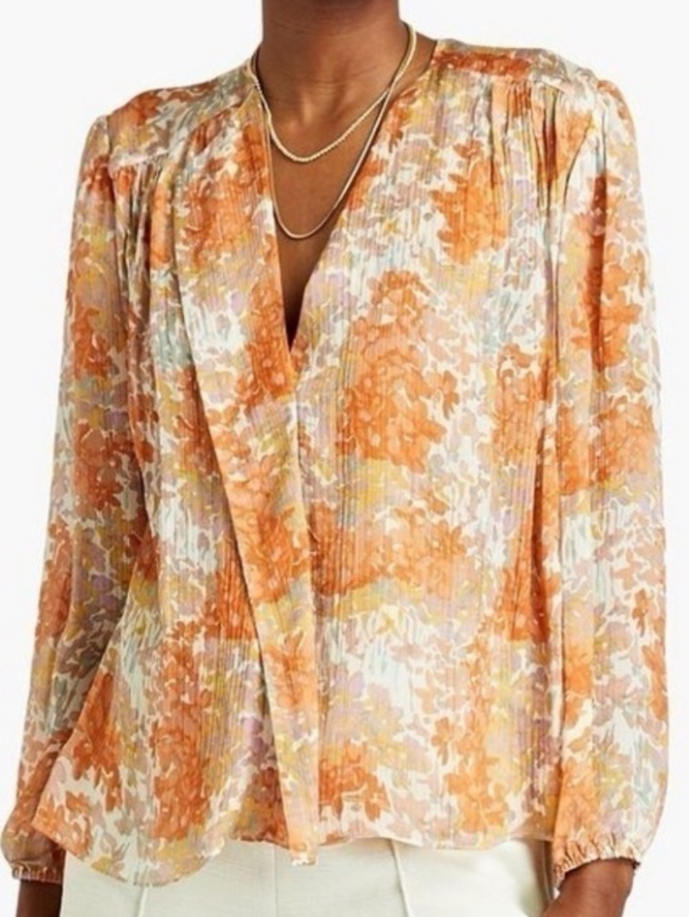 VINCE Silk Floral Print Long Sleeve Blouse Orange Fantasy Small